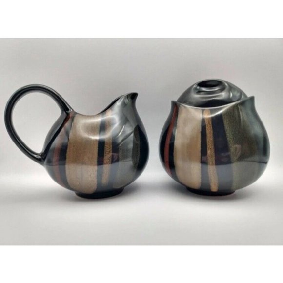 Sango Avanti Black #4721 Creamer & Sugar Bowl with Lid Ceramic Pottery Set NWOT‎ - Picture 2 of 10